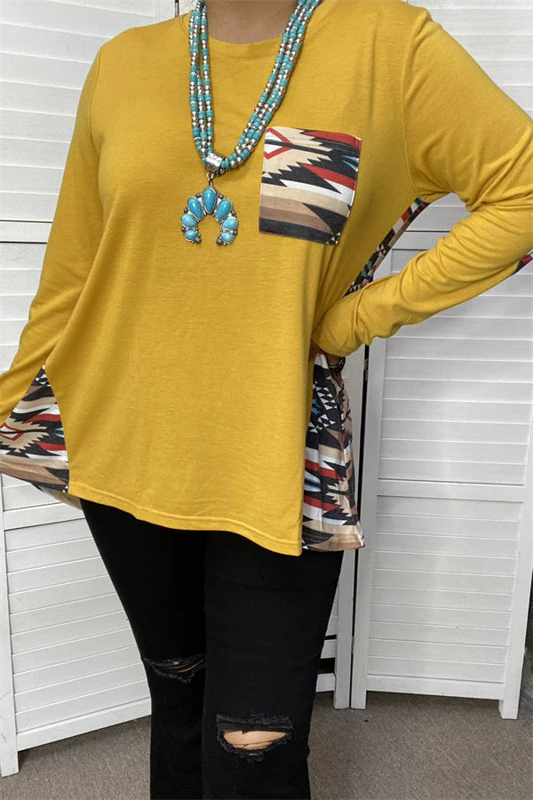 Yellow Aztec Long Sleeve Print Top