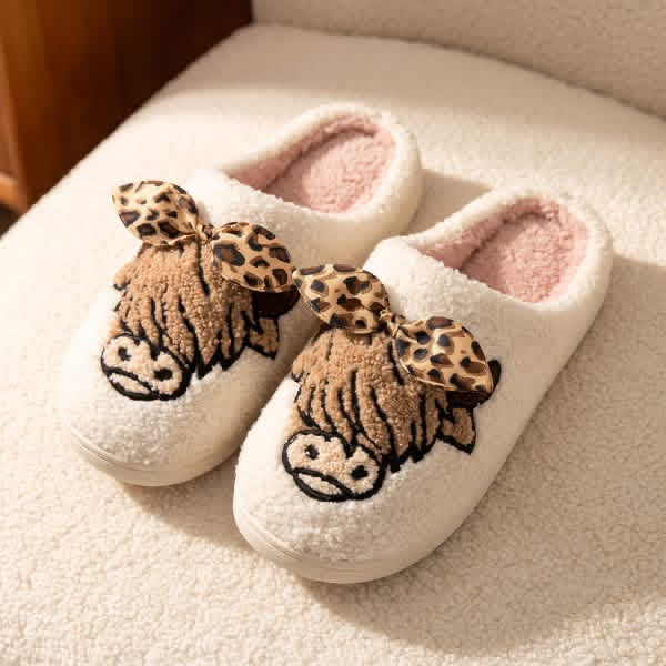Highland cow with leopard bow slippers-Preorders