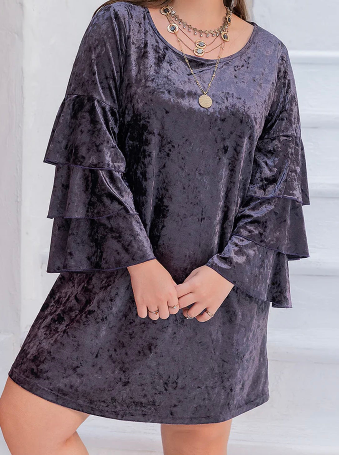 Plus Size Round Neck Flounce Sleeve Mini Dress