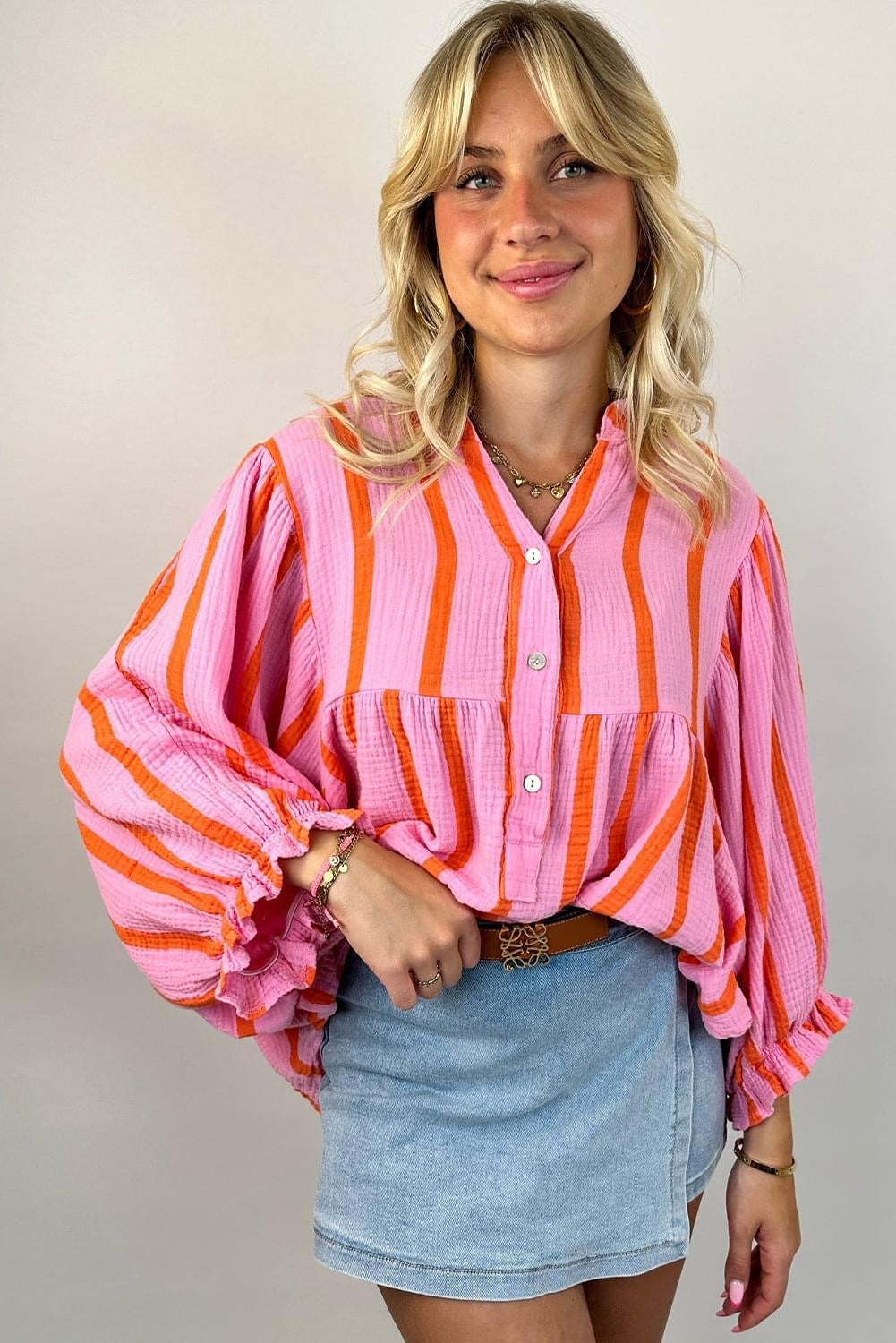 Orange Stripe Crinckled Ruffled loose shirt