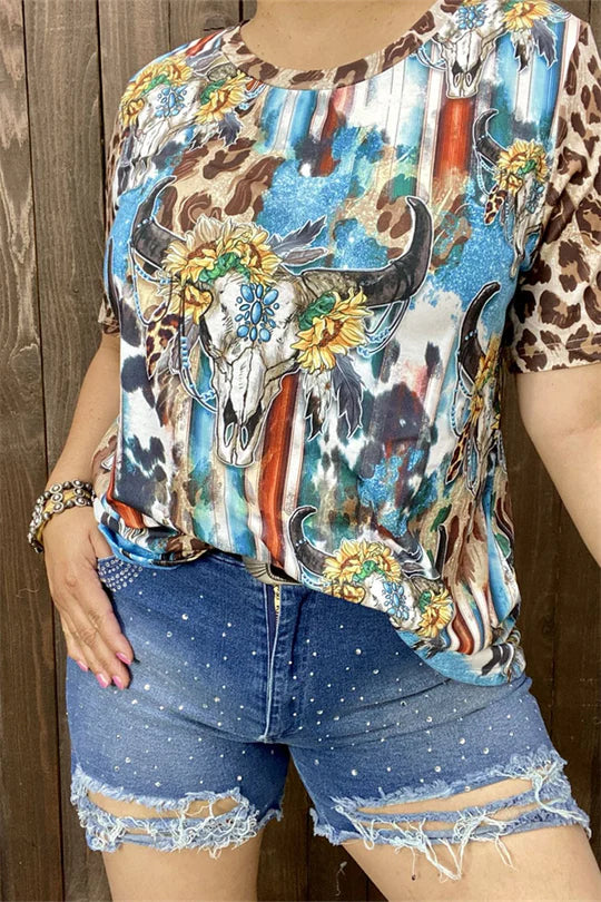 Bull Skull Sunflower Multi Print Top