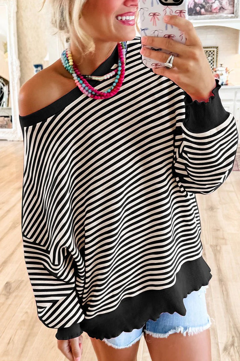 DROP SHOULDER LONG SLEEVE BLACK STRIPED TOP