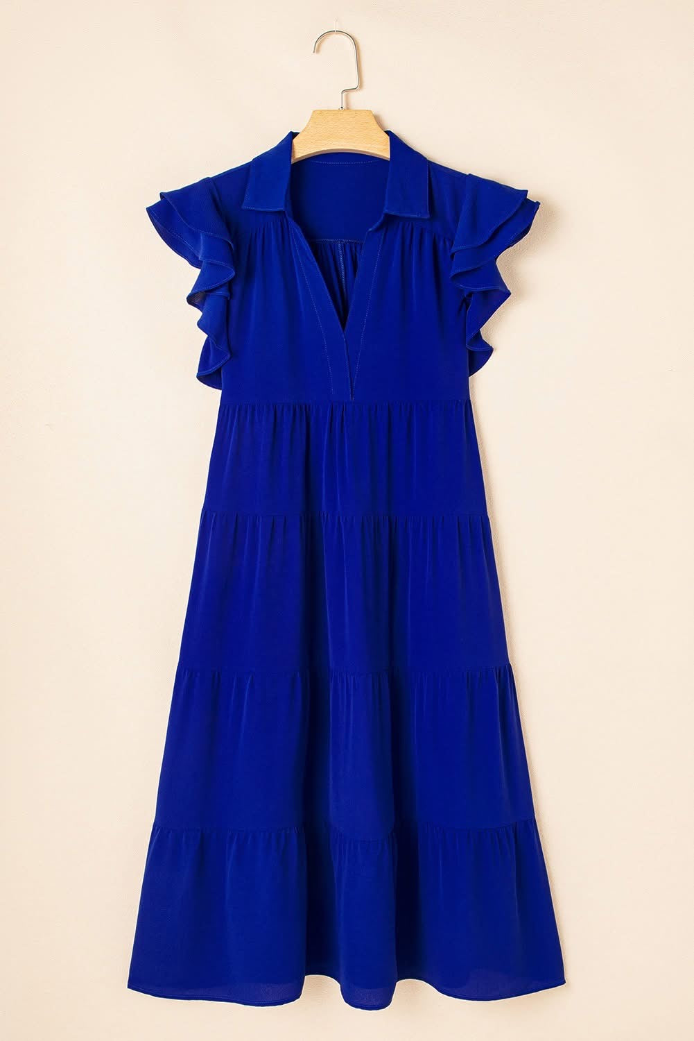 Bluing Ruffled Collared V Neck Tiered Midi Dress