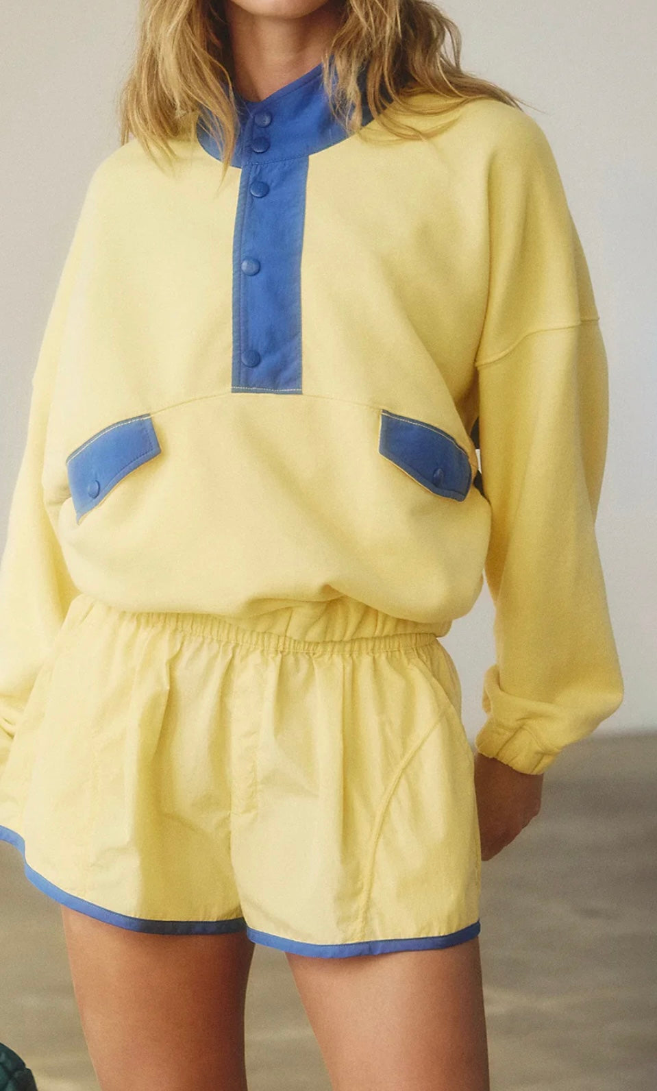 Color Block Patchwork Half Button Pullover and Shorts 2pcs Outfit