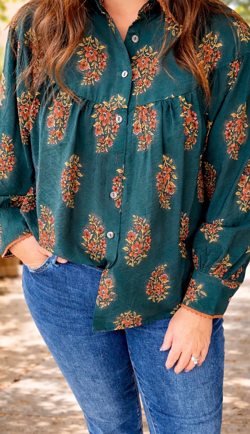 Green Plus Floral Pleated Shirt