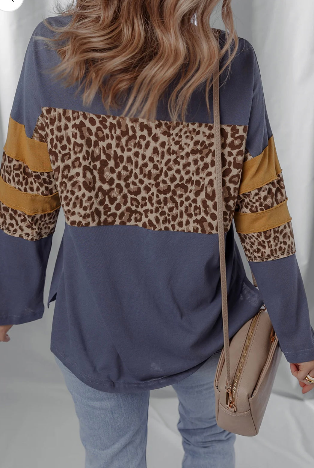 Leopard Colorblock Patchwork Long Sleeve Drop Shoulder Top