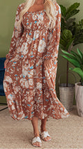 Floral Print Shirred Square Neck High Waist Maxi Dress