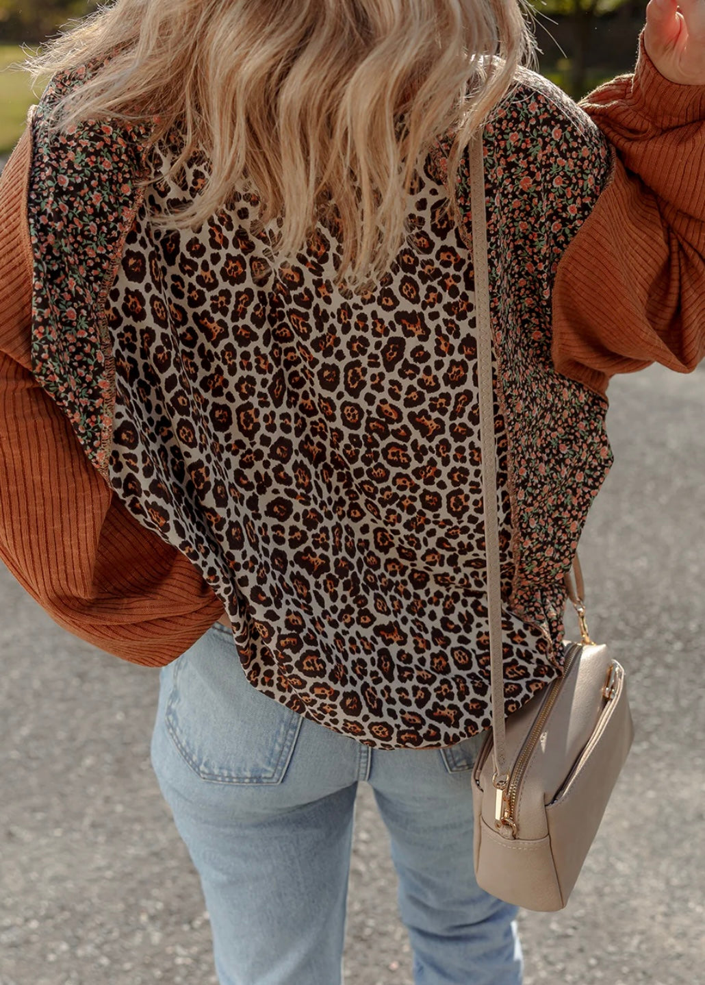Leopard Floral Print Ribbed Puff Sleeve Patchwork Loose Pullover