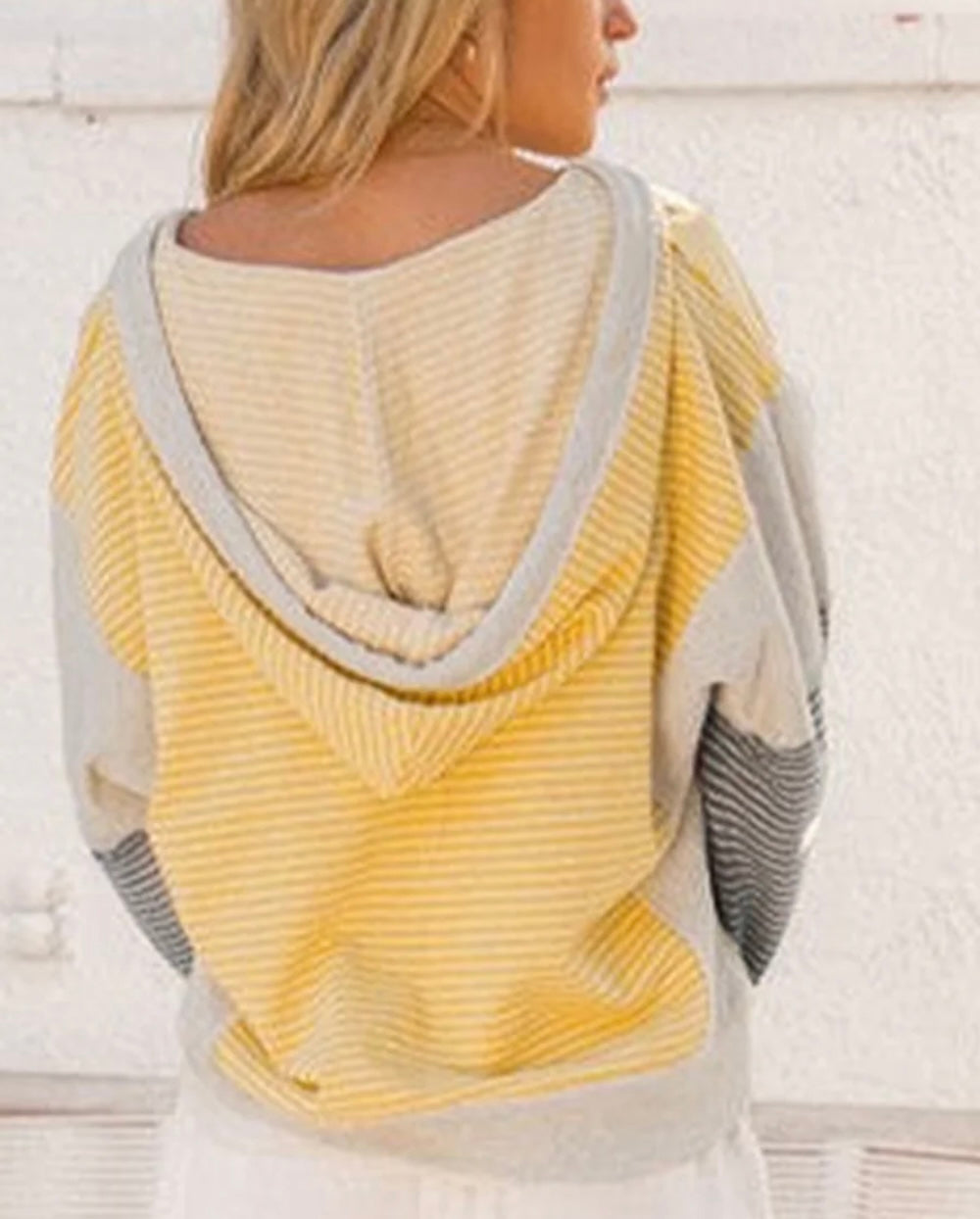 Color Block Drawstring V Neck Loose Fit Hooded Top