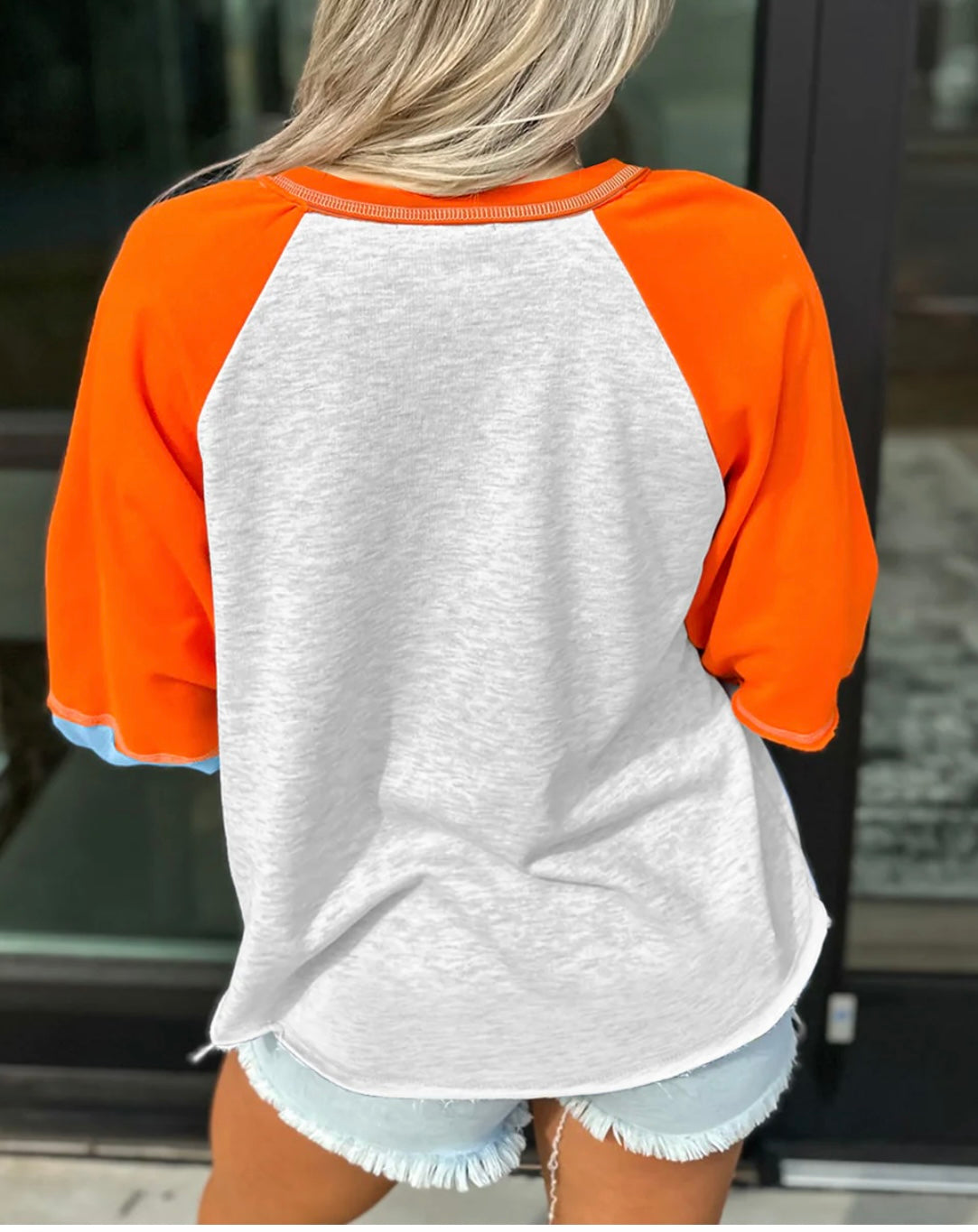 Color Block Raglan Sleeve Contrast Stitching Loose Fit Top