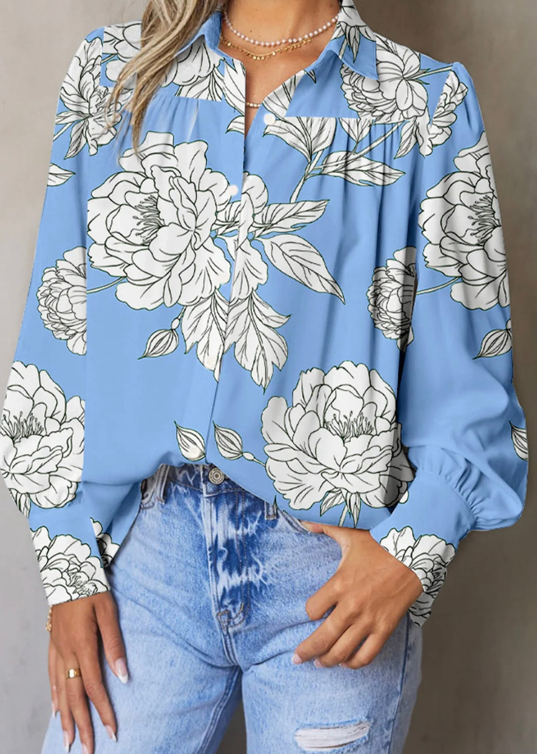 Floral Print Button Up Pleated Detail Puff Sleeve Shirt