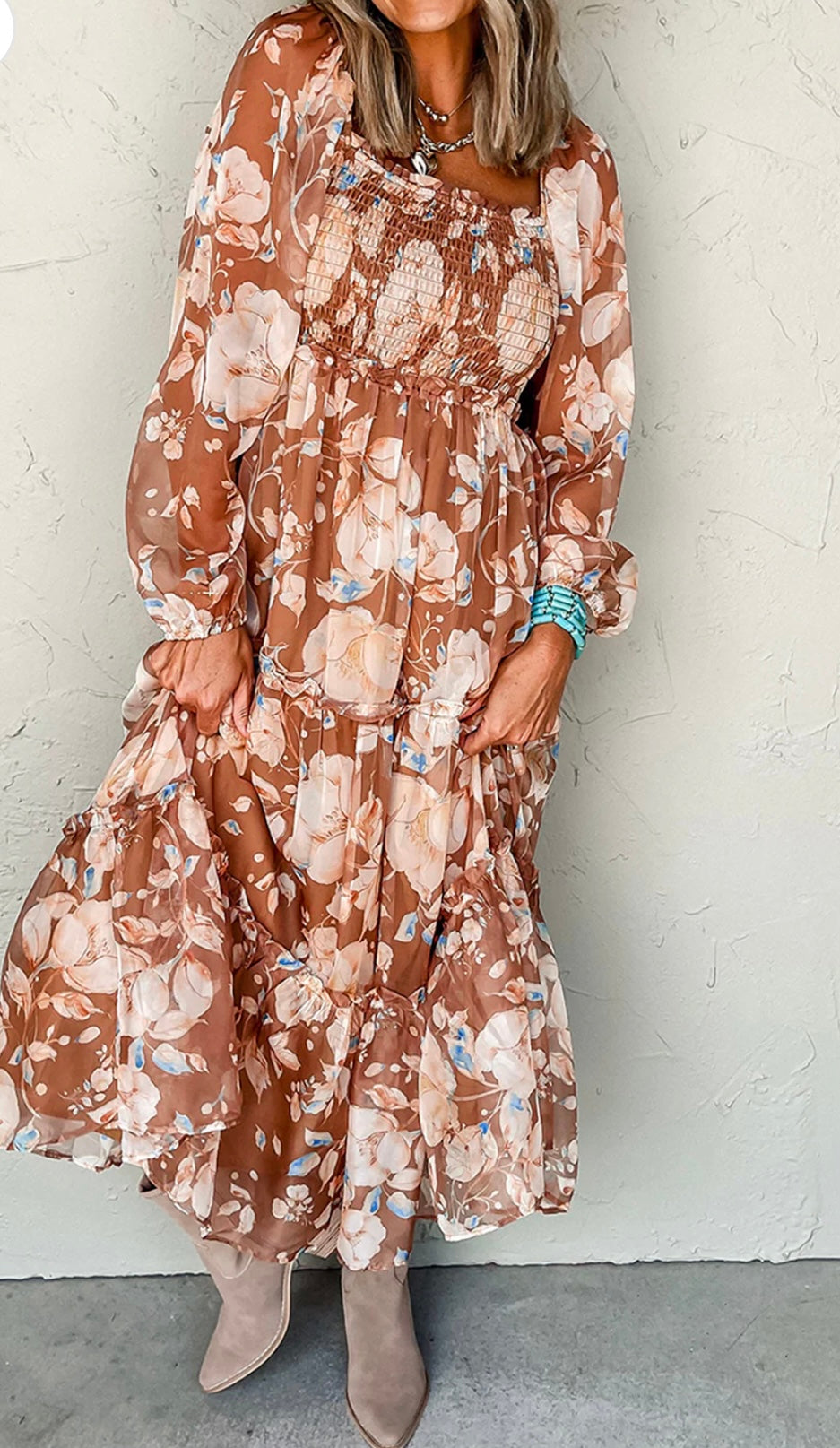Floral Print Shirred Square Neck High Waist Maxi Dress