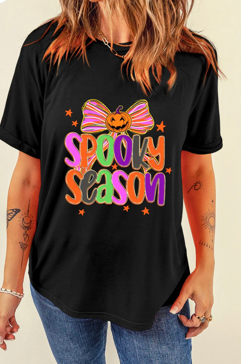 SPOOKY SEASON Halloween Pumpkin Bow Print T Shirt