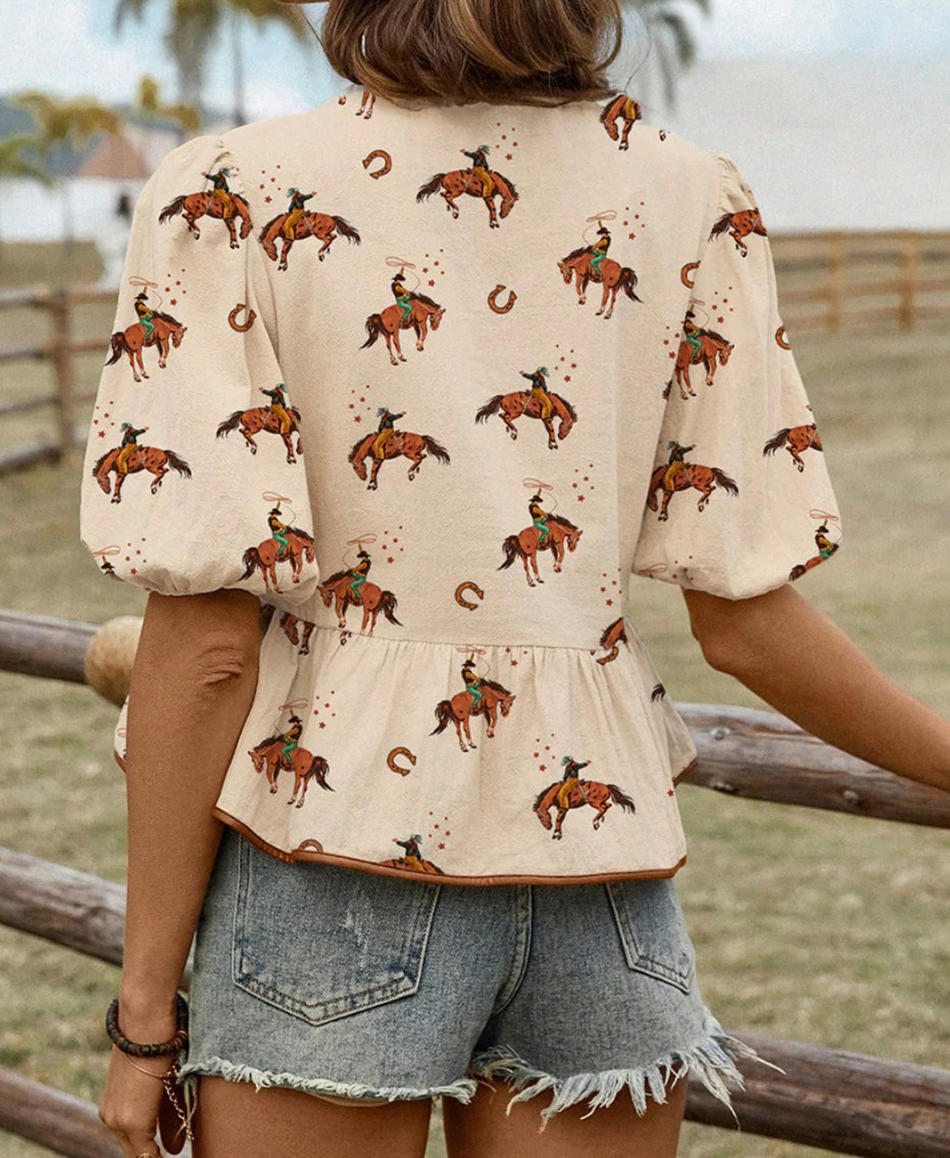 Cowboy Print Puff Sleeve Bowknot Peplum Blouse