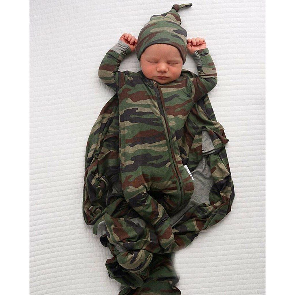 Newborn Baby Girls Boys Camouflage Military Deisgn Romper Infant Cute Zipper Casual Jumpsuit Hairband Hat Set Clothes For Girls And Boys Stevvex