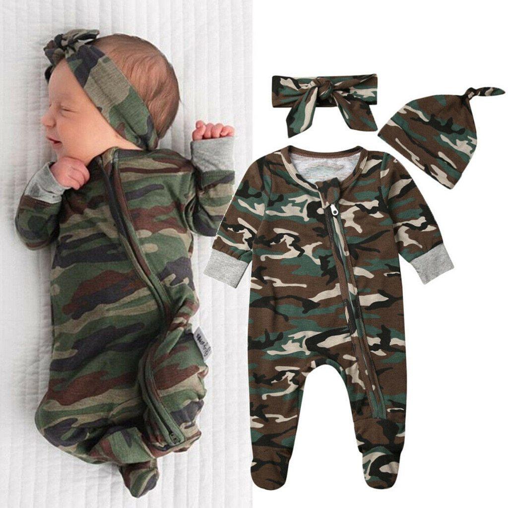 Newborn Baby Girls Boys Camouflage Military Deisgn Romper Infant Cute Zipper Casual Jumpsuit Hairband Hat Set Clothes For Girls And Boys Stevvex