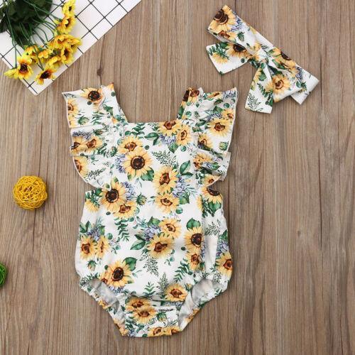 Modern Elegant Baby Girl Floral Romper Jumpsuit Playsuit Clothes Sun suit Baby Clothing WIth Sunflower Design And Bow Stevvex