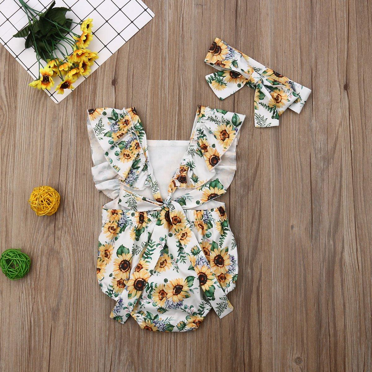 Modern Elegant Baby Girl Floral Romper Jumpsuit Playsuit Clothes Sun suit Baby Clothing WIth Sunflower Design And Bow Stevvex