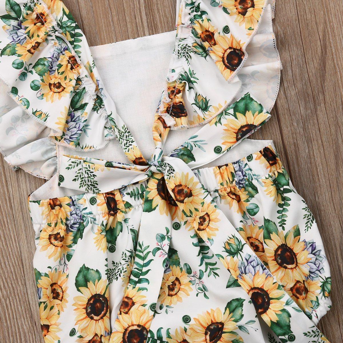 Modern Elegant Baby Girl Floral Romper Jumpsuit Playsuit Clothes Sun suit Baby Clothing WIth Sunflower Design And Bow Stevvex