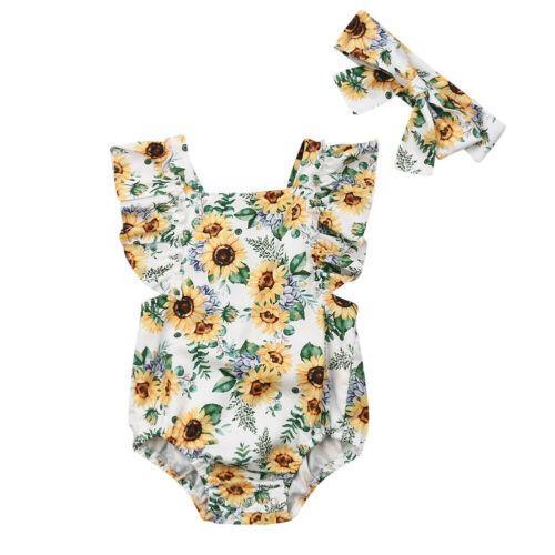 Modern Elegant Baby Girl Floral Romper Jumpsuit Playsuit Clothes Sun suit Baby Clothing WIth Sunflower Design And Bow Stevvex