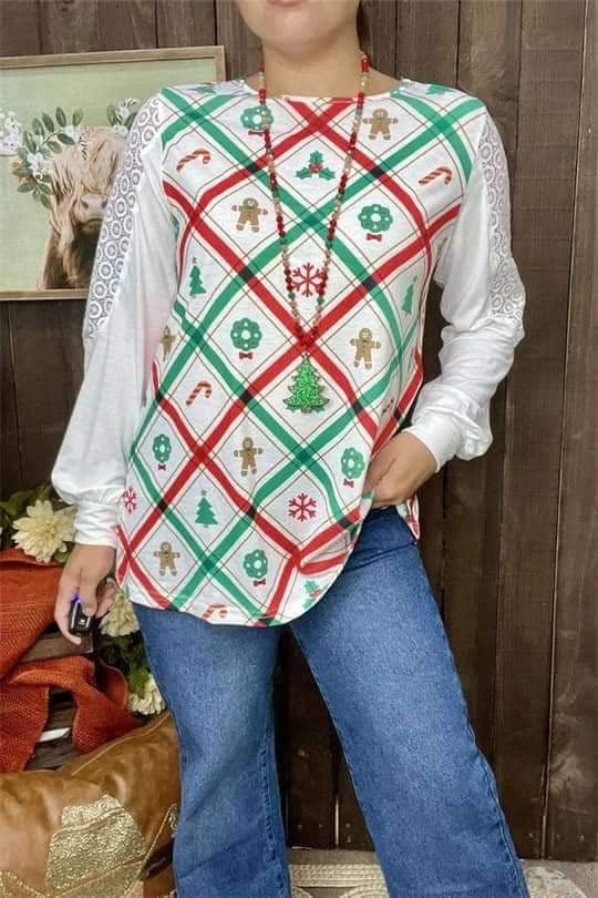 Green/red Christmas elements graphic printed long sleeve w/lace&tighten cuff women top