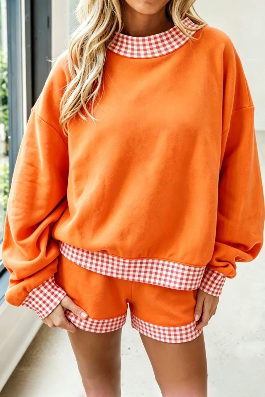Polka Dot/Gingham Trim Baggy Pullover 2-Piece Short Set