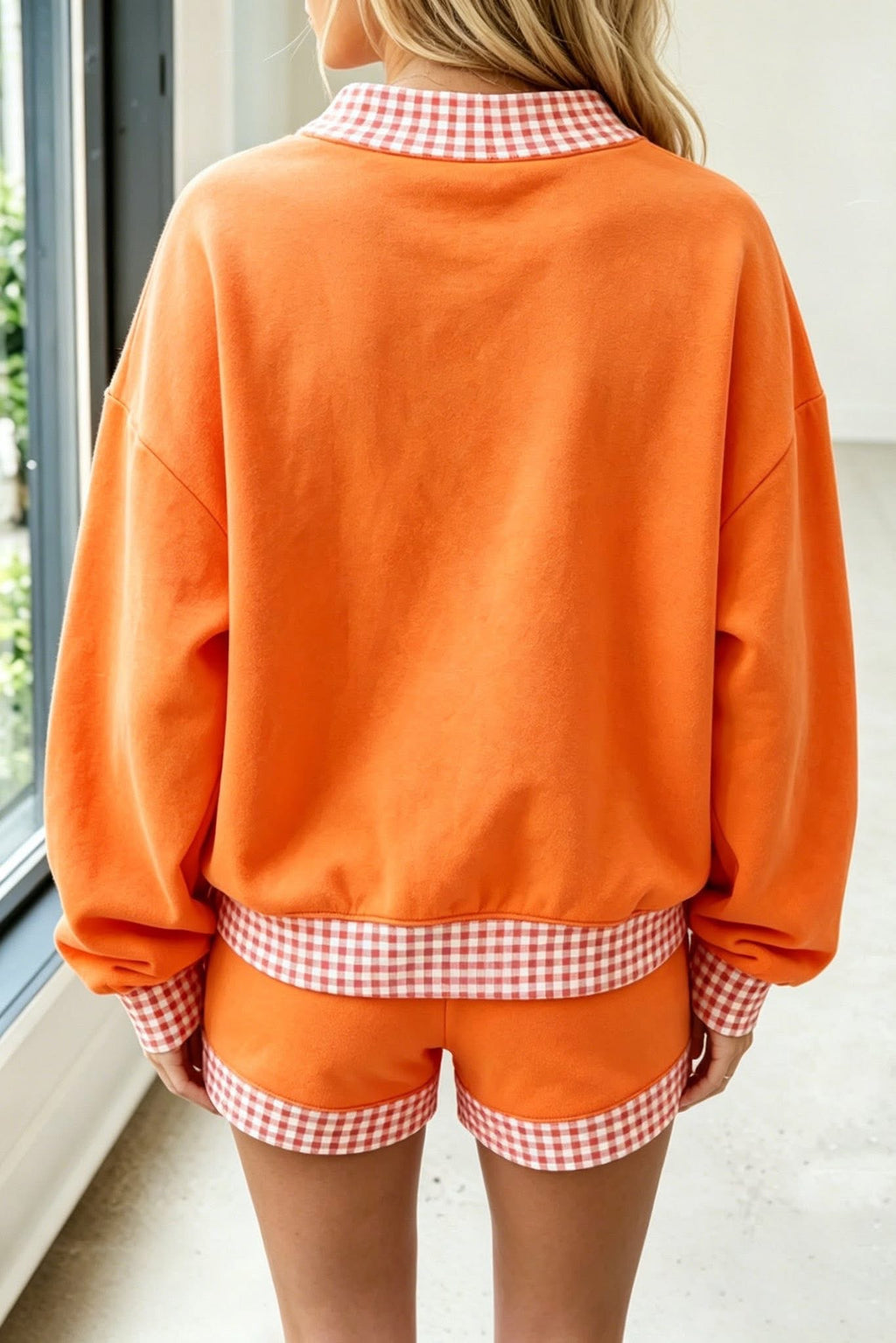 Polka Dot/Gingham Trim Baggy Pullover 2-Piece Short Set