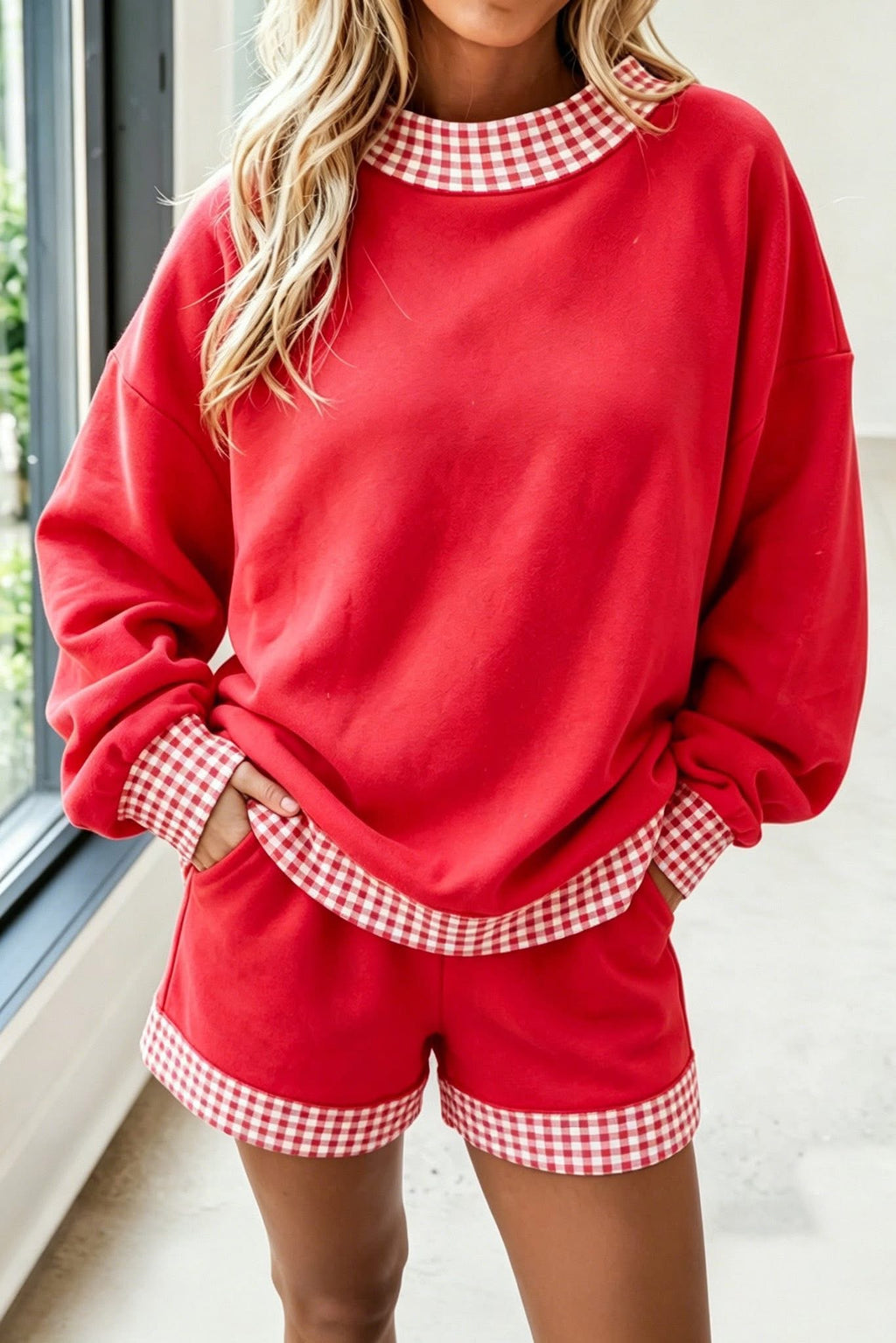 Polka Dot/Gingham Trim Baggy Pullover 2-Piece Short Set