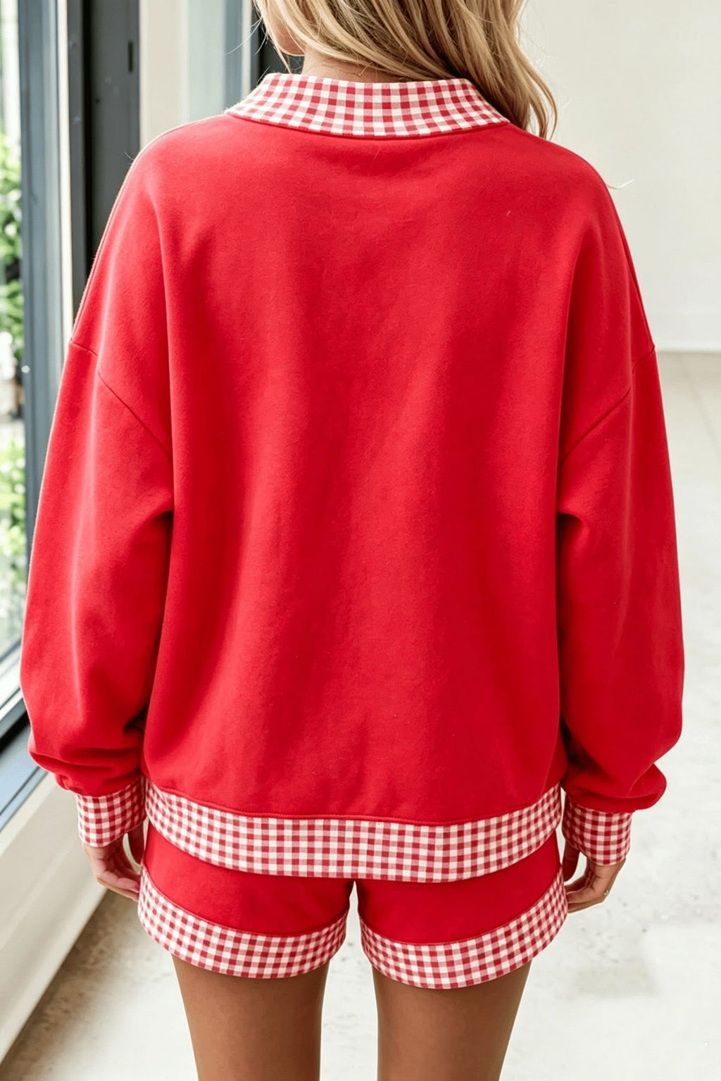 Polka Dot/Gingham Trim Baggy Pullover 2-Piece Short Set