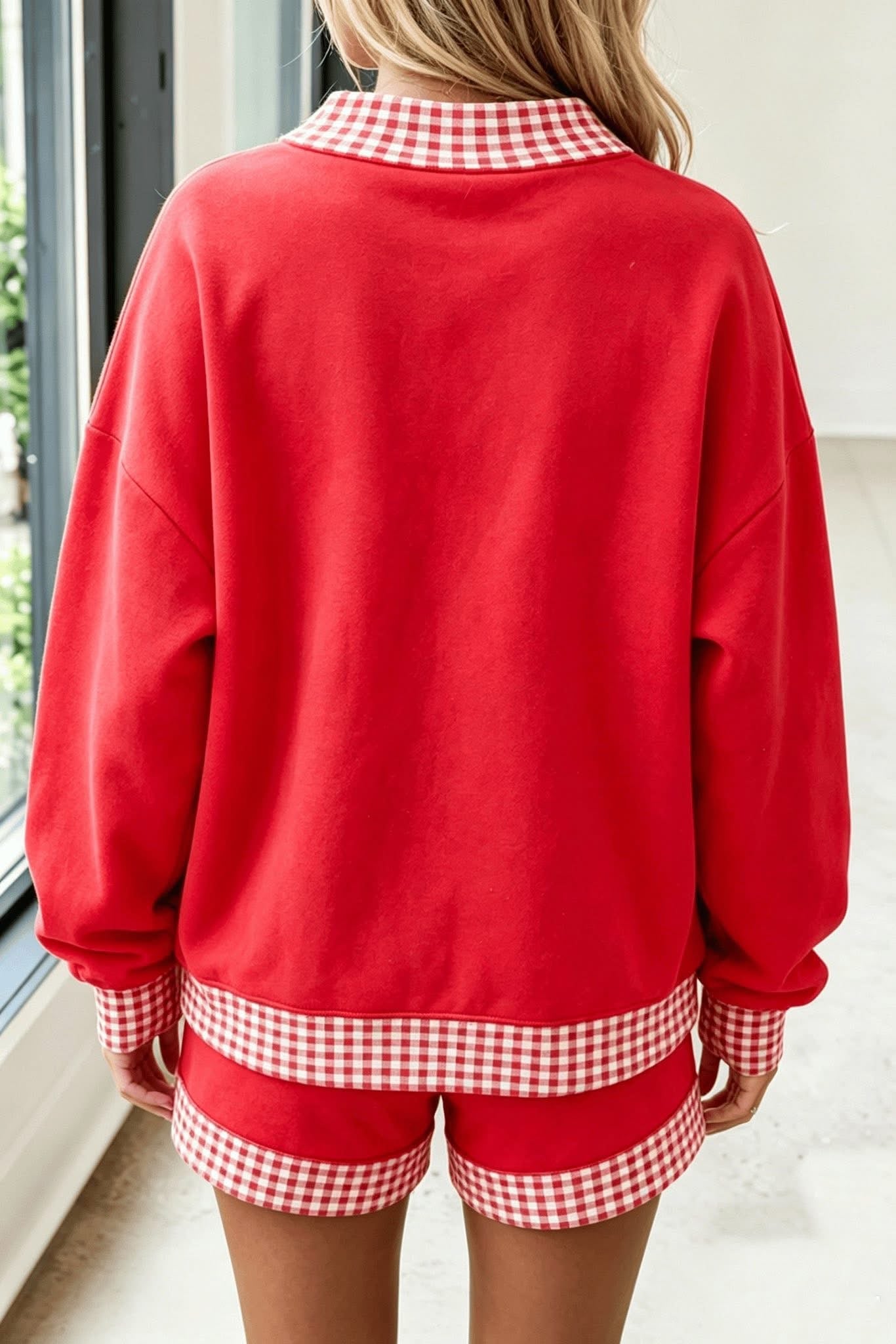 Polka Dot/Gingham Trim Baggy Pullover 2-Piece Short Set