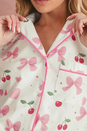 SWEET CHERRY DREAMS BEIGE TOP AND SHORTS PAJAMA SET