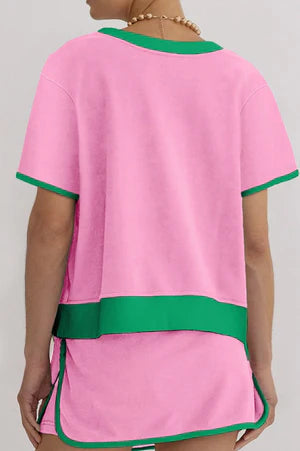 RESORT READY PINK COLORBLOCK TEE AND DRAWSTRING SKIRT SET
