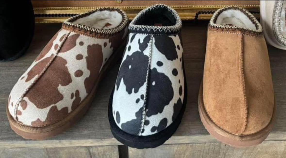 Cow print bruin slippers Gunpowder and Lace Boutique Nac