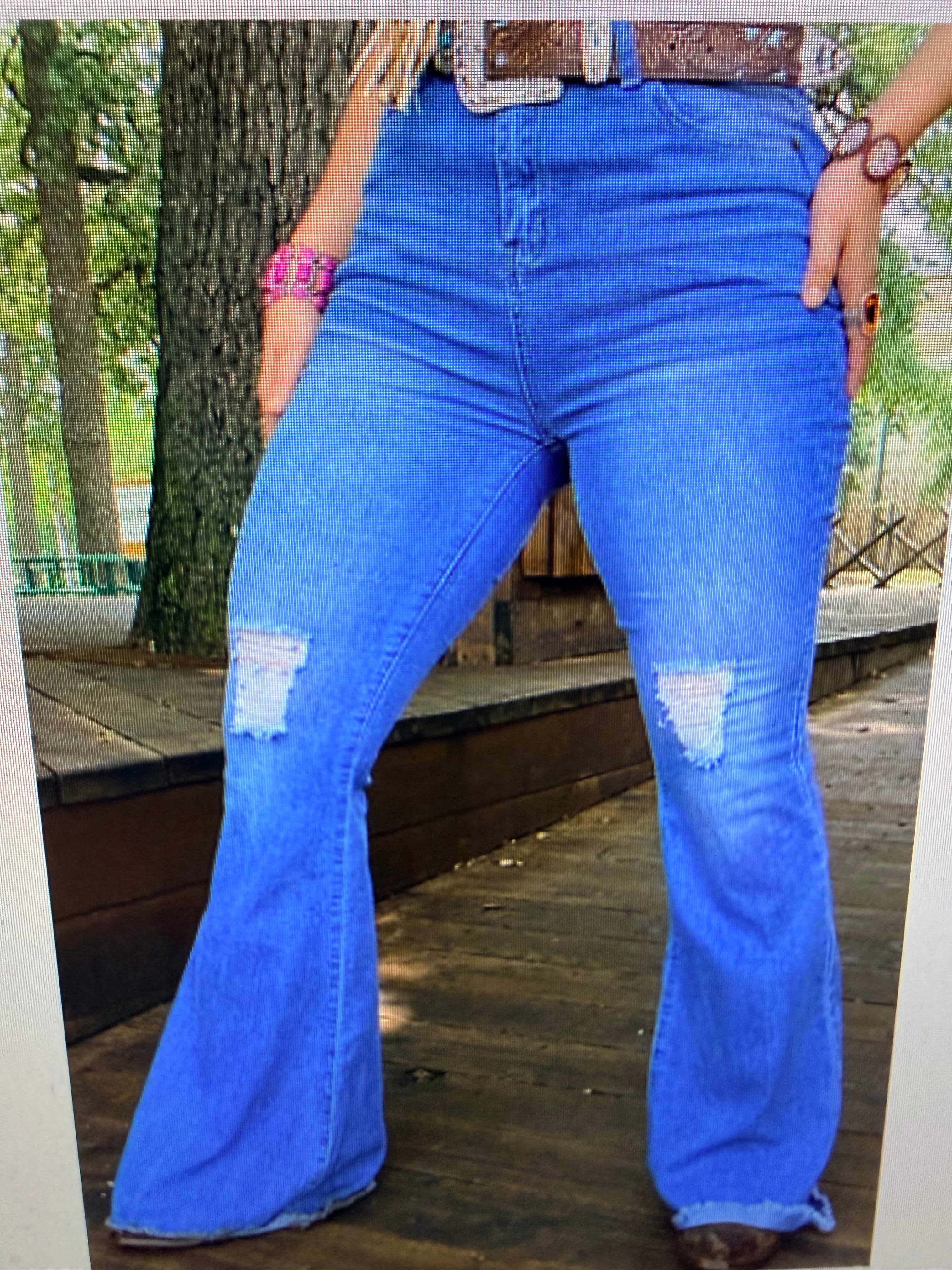 Blue Distressed Bell Bottoms