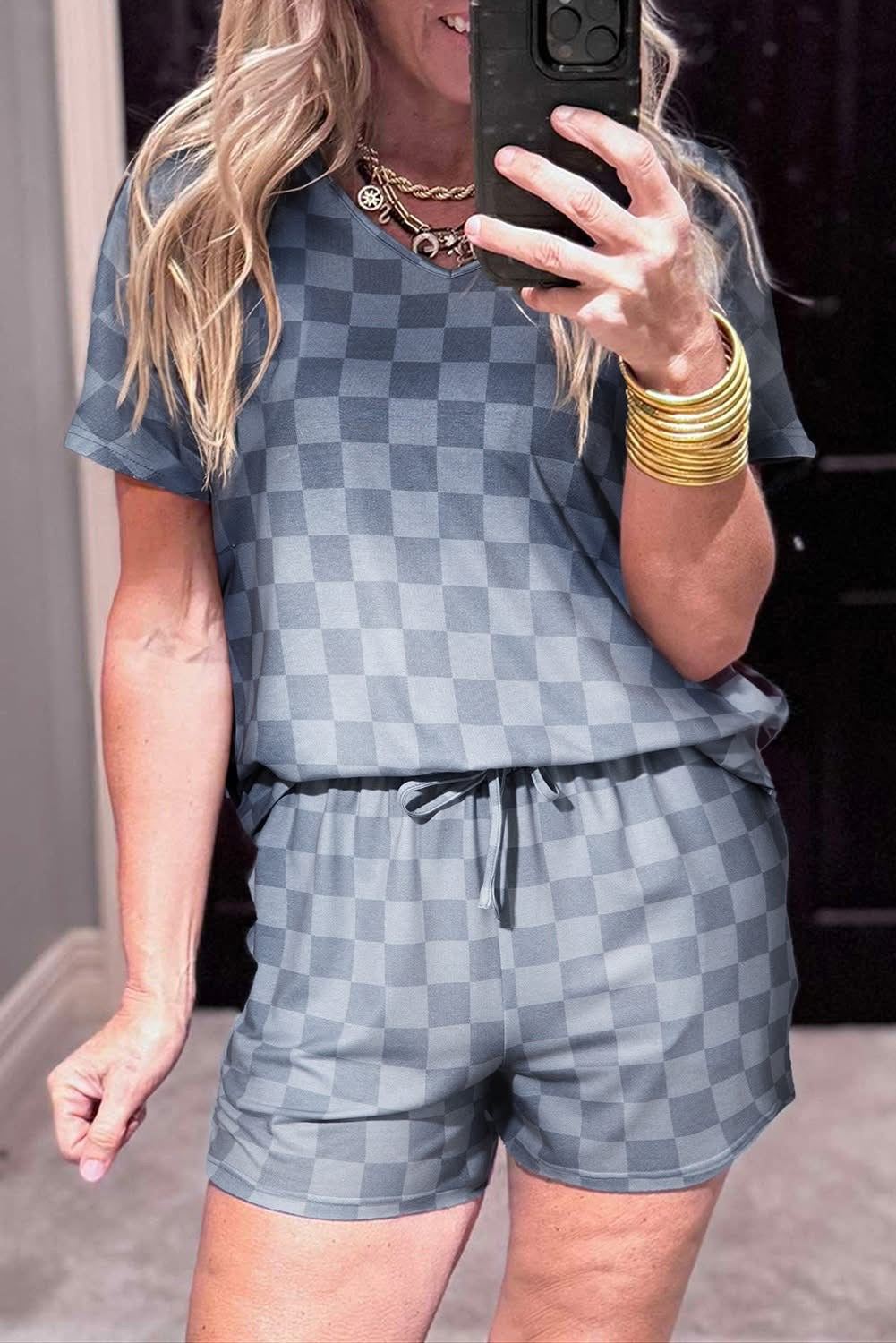 Gray Checkered V Neck Lounge set