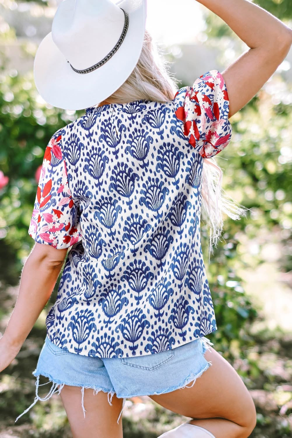 Blue Western Fashion Floral Puff Sleeve Neck Blouse