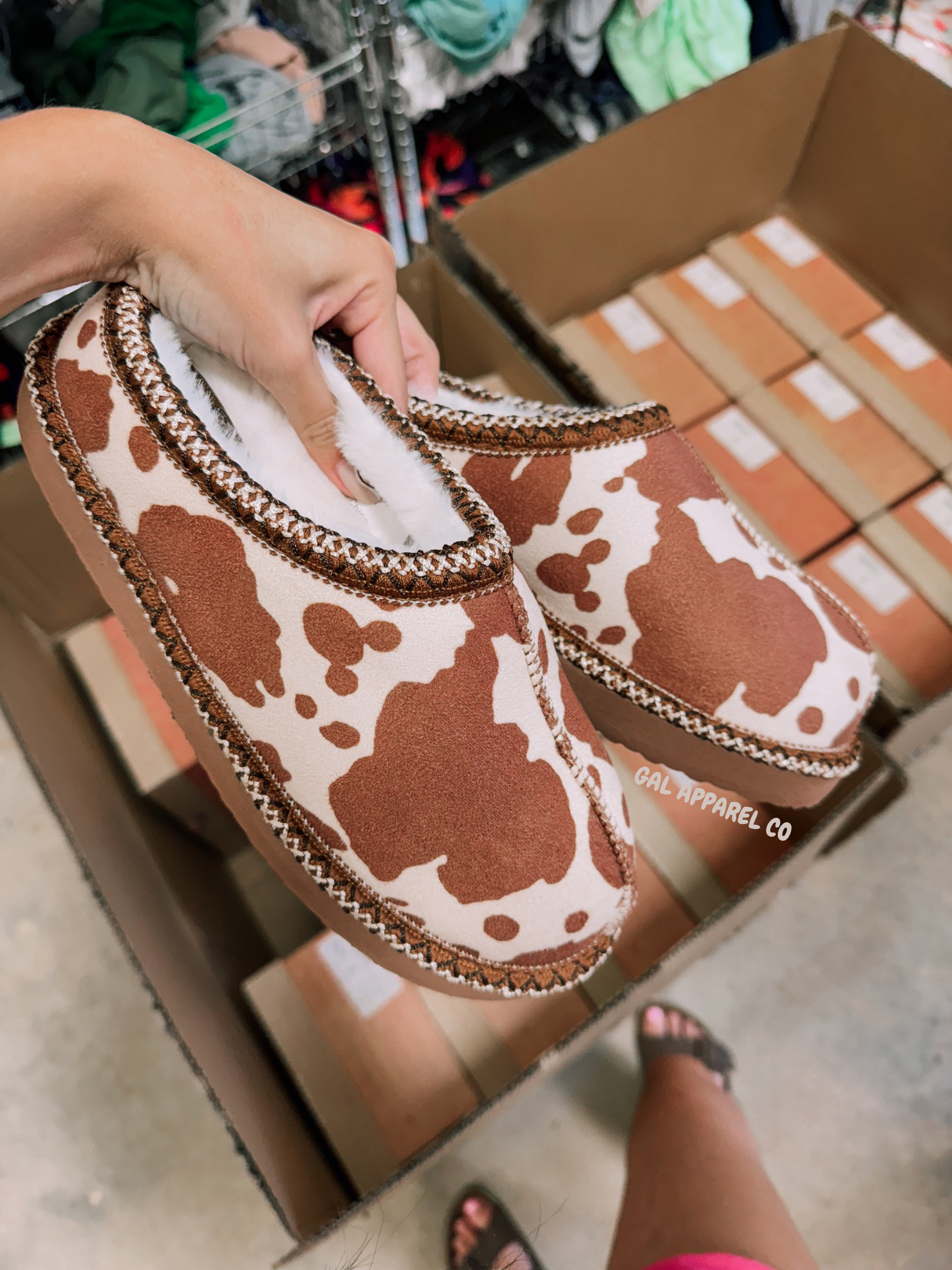 Cow print bruin slippers Gunpowder and Lace Boutique Nac