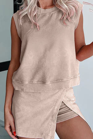 BEYOND LIMITS SMOKE GRAY MINERAL WASH SLEEVELESS TOP & SPLIT SKORT SET **SHIPPING EXPECTED TO BEGIN ON DATE 6/20**