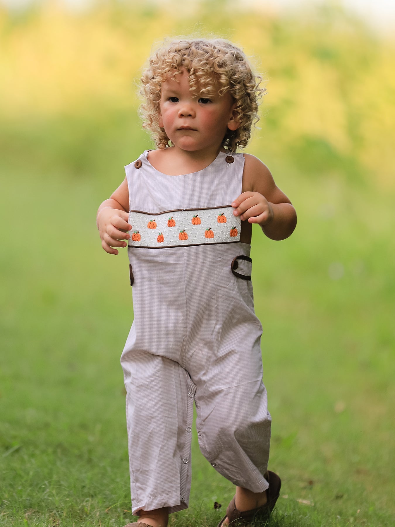Fall Halloween & Thanksgiving  Pumpkin Smock Embroidered Boys Romper Rylee Faith Designs