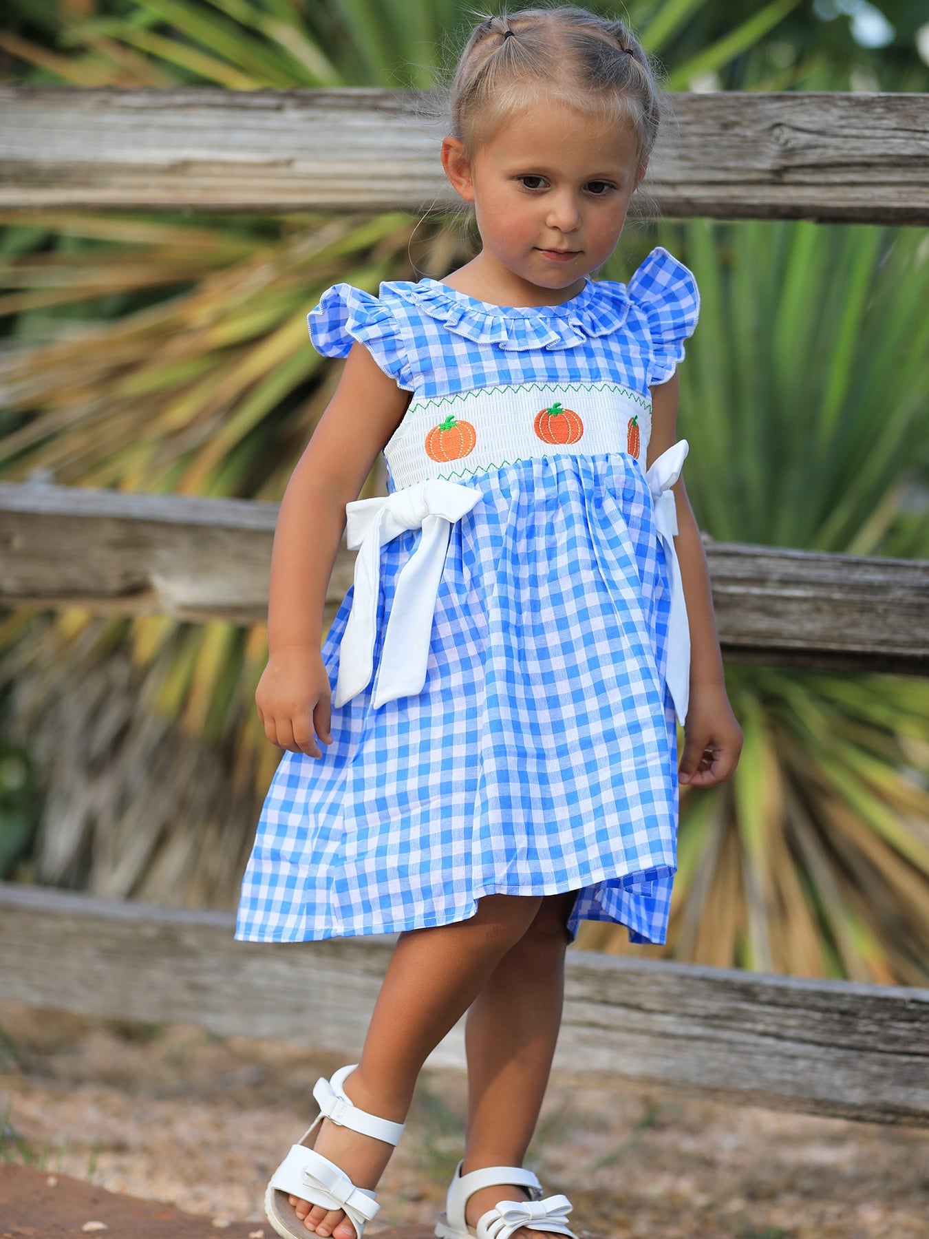 Fall Thanksgiving& Halloween Blue Pumpkin Smock Embroidery Baby Girl Dress Rylee Faith Designs