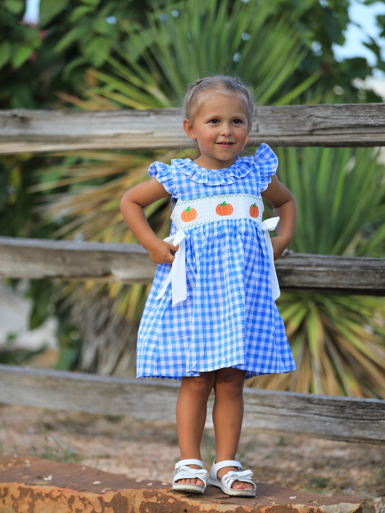 Fall Thanksgiving& Halloween Blue Pumpkin Smock Embroidery Baby Girl Dress Rylee Faith Designs