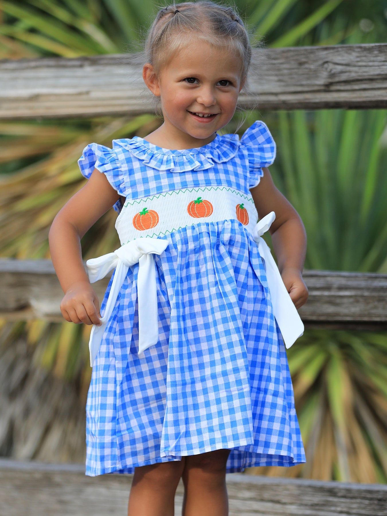 Fall Thanksgiving& Halloween Blue Pumpkin Smock Embroidery Baby Girl Dress Rylee Faith Designs