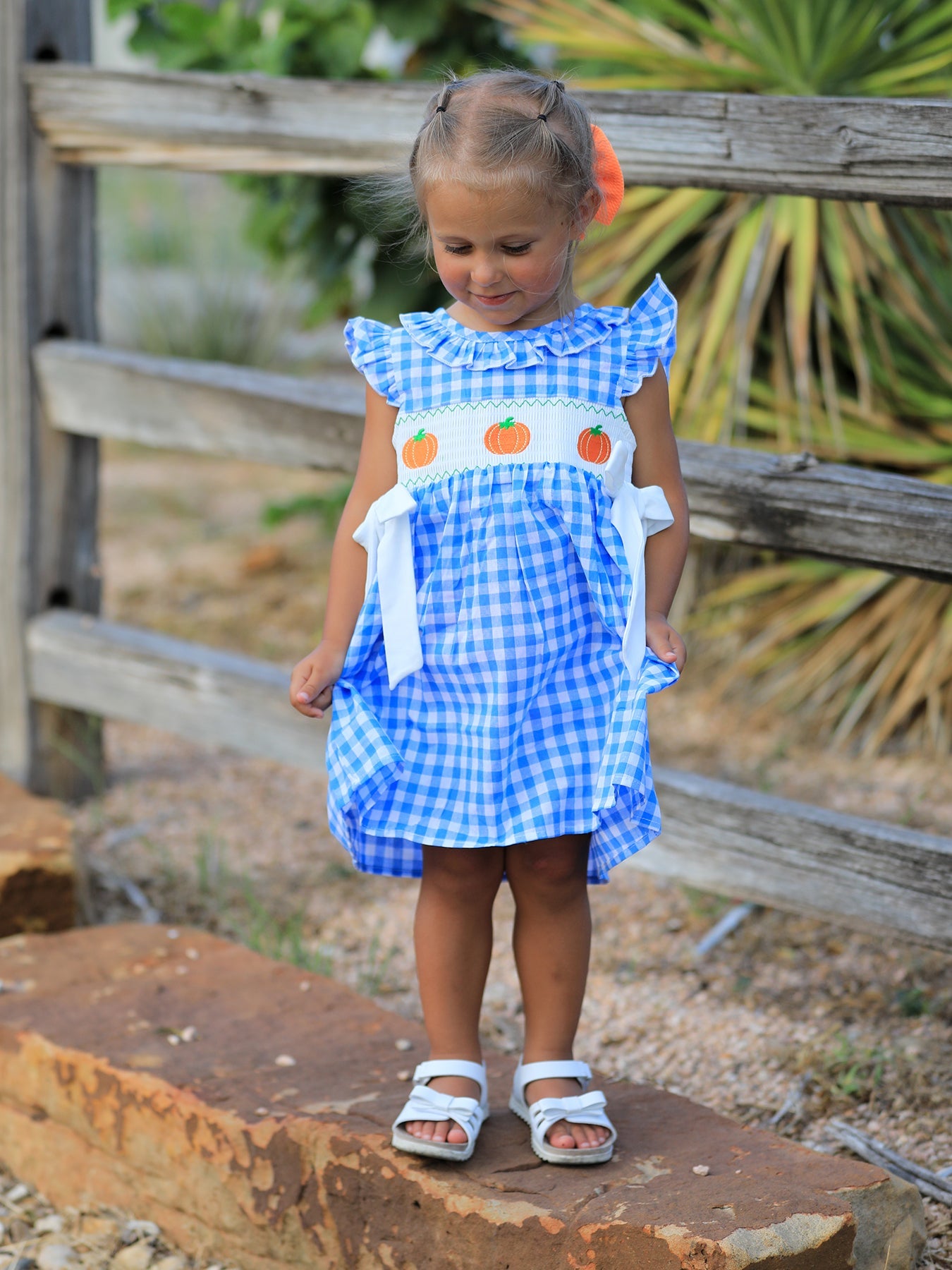 Fall Thanksgiving& Halloween Blue Pumpkin Smock Embroidery Baby Girl Dress Rylee Faith Designs