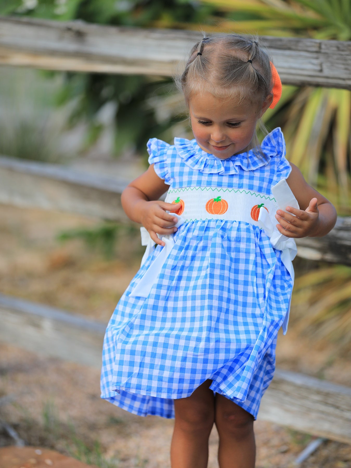 Fall Thanksgiving& Halloween Blue Pumpkin Smock Embroidery Baby Girl Dress Rylee Faith Designs