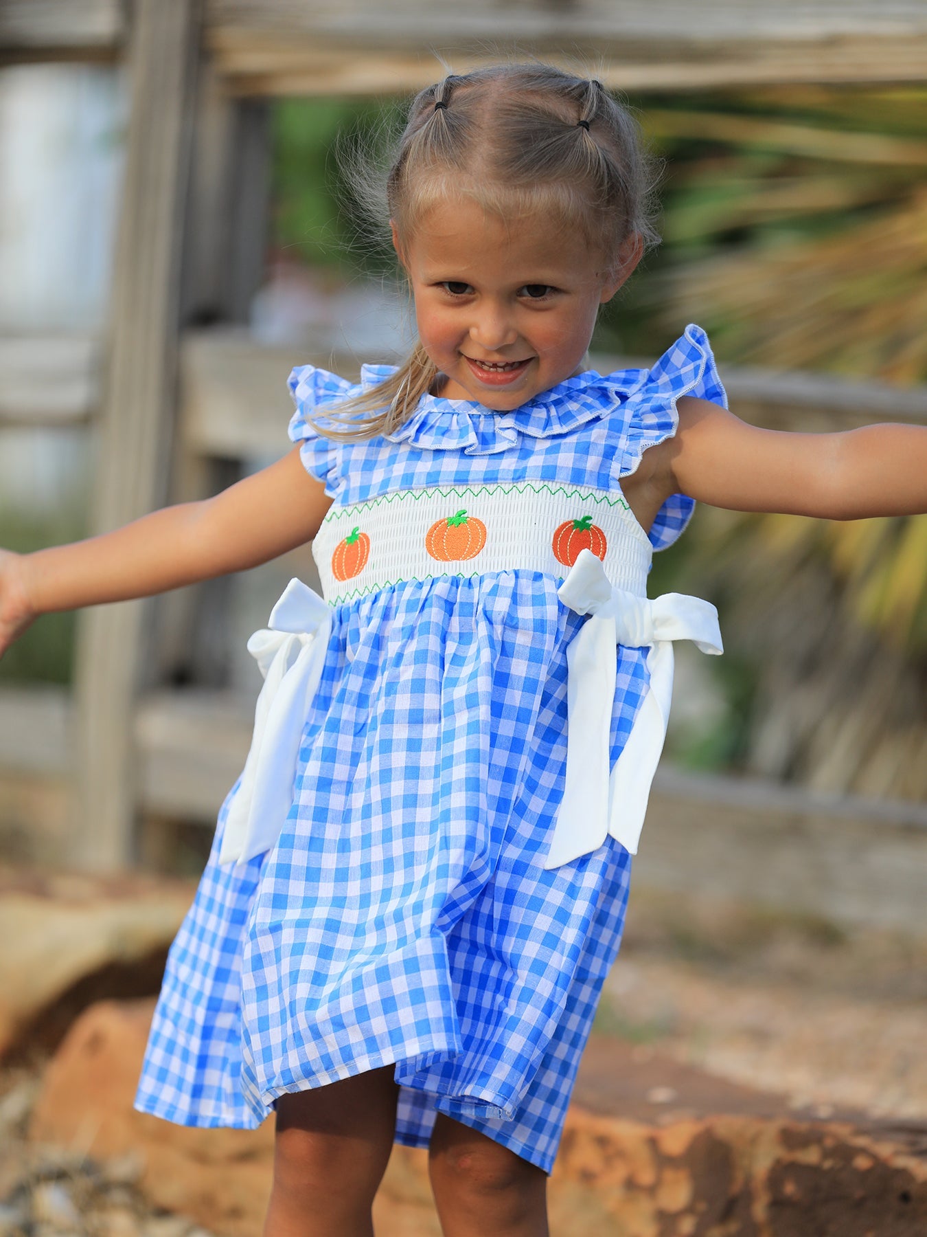 Fall Thanksgiving& Halloween Blue Pumpkin Smock Embroidery Baby Girl Dress Rylee Faith Designs