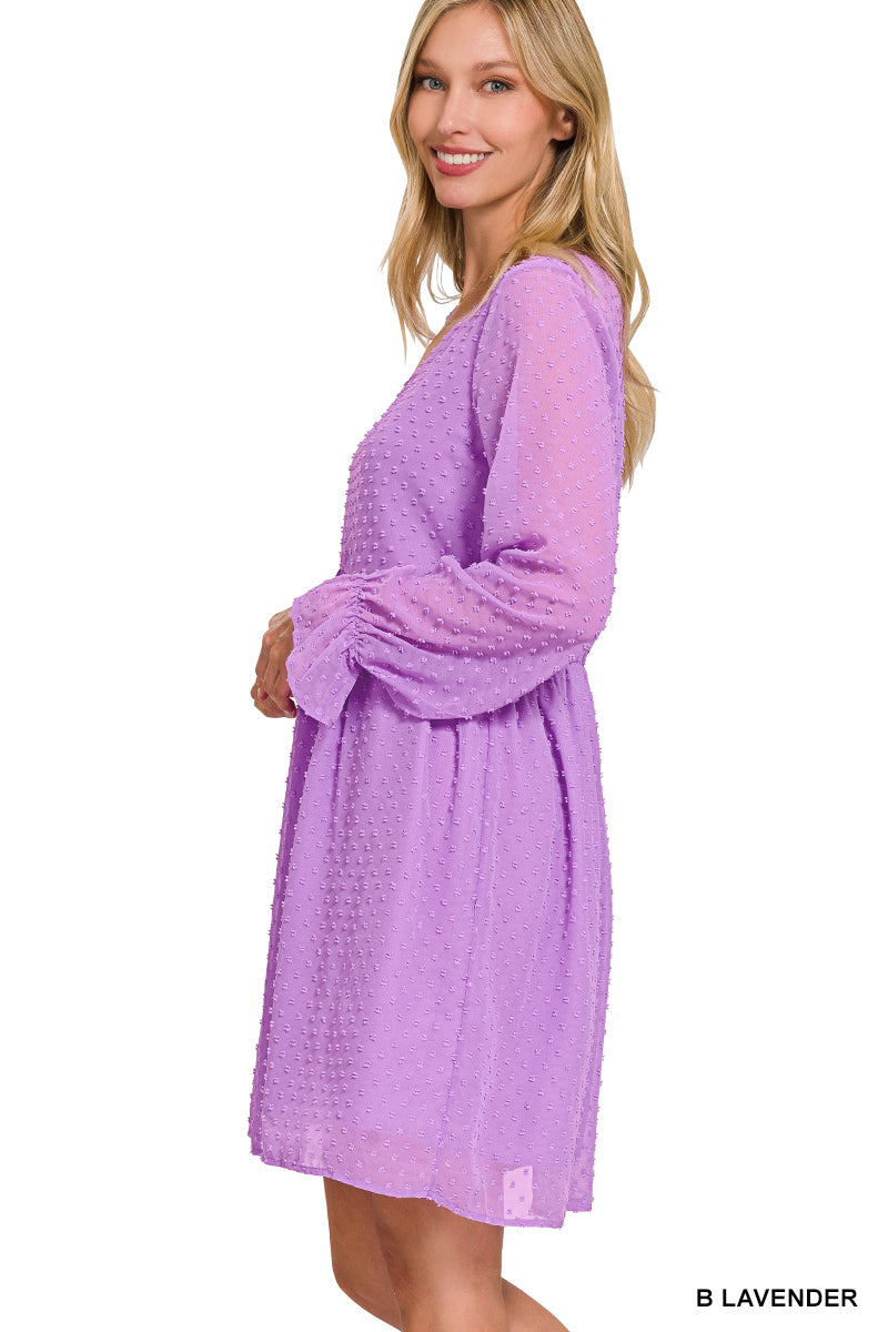 Swiss Dot Long Sleeve V-Neck Dress - B Lavender