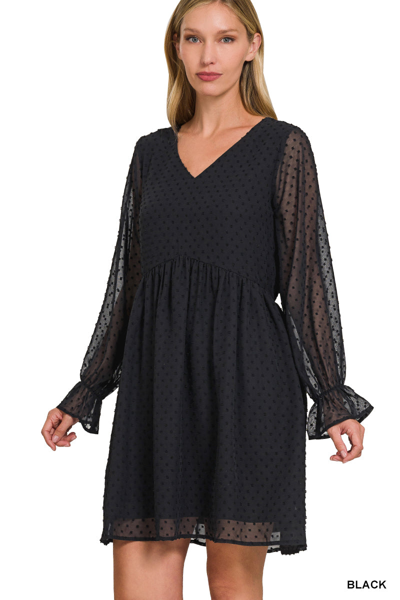 Swiss Dot Long Sleeve V-Neck Dress - Black