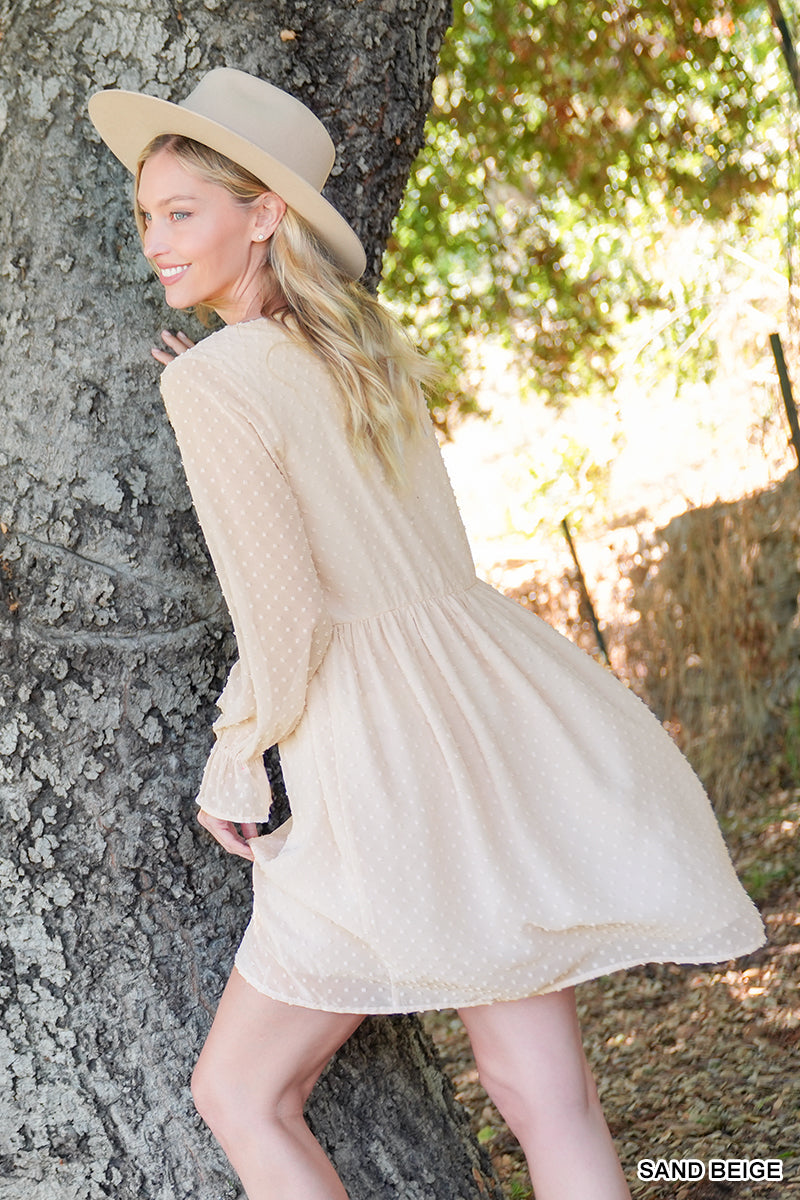 Swiss Dot Long Sleeve V-Neck Dress - White