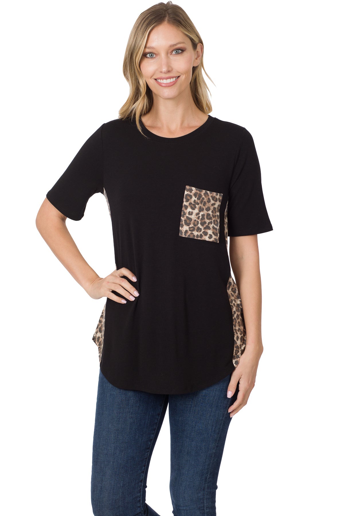 Side Panel Leopard Front Pocket Top - Blk/Brwn