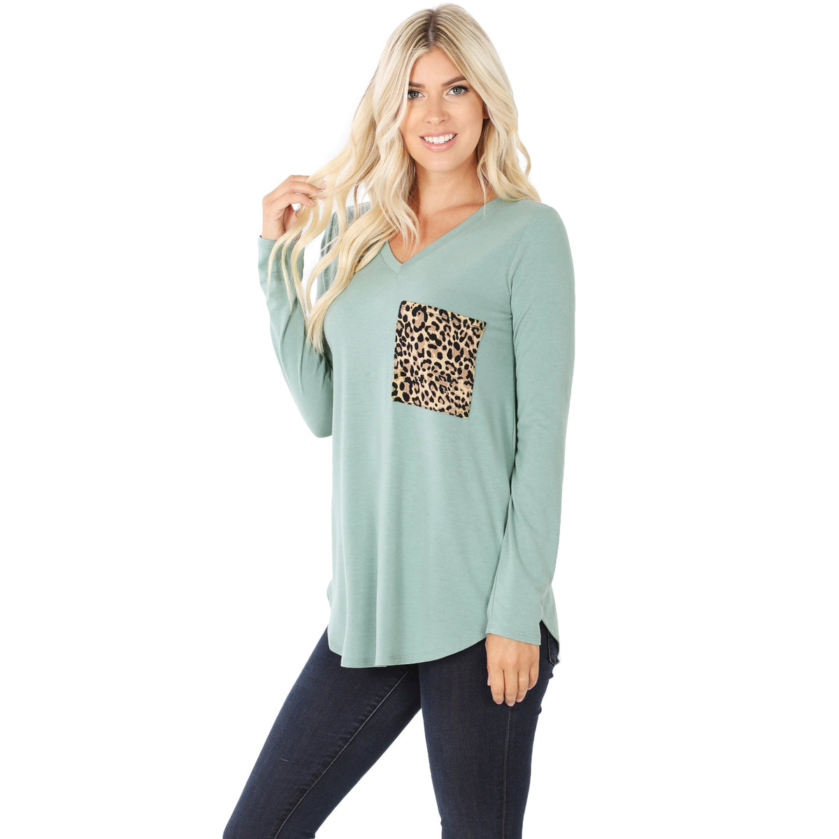 Long Sleeve V-Neck w/ Leopard Pocket (Lt Green)